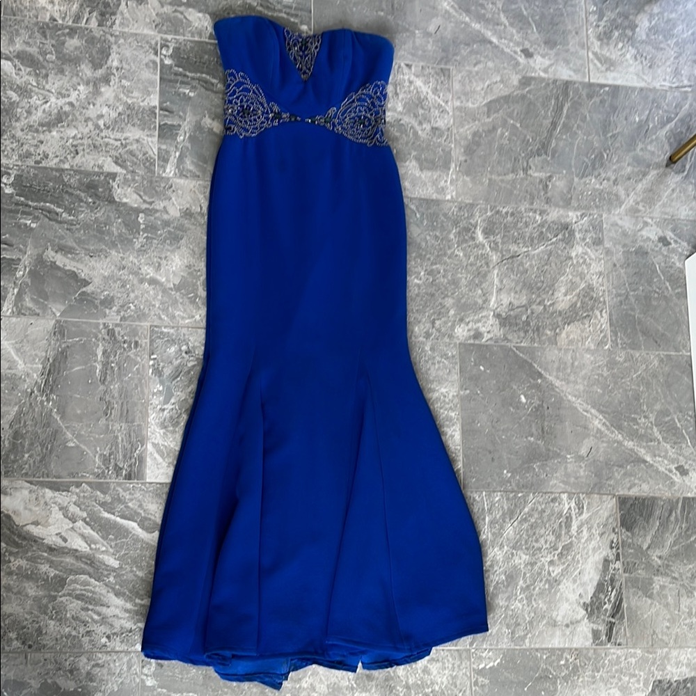 Badgley Mischka Blue Strapless Embellished Gown